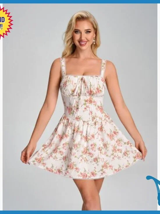 Summer Floral Mini Dress Corset Lace Up Square Neck A-Line Casual - Picture 4 of 7